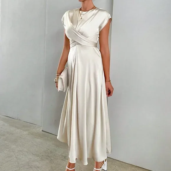 Apricot Casual Womens Solid Criss Cross Front Satin A-line Dress - Picture 5 of 5